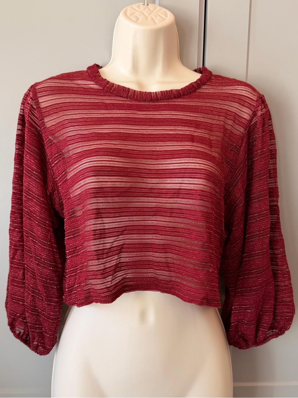 Papermoon Burgundy Sheer Metallic Knit Cropped Balloon Sleeve Top